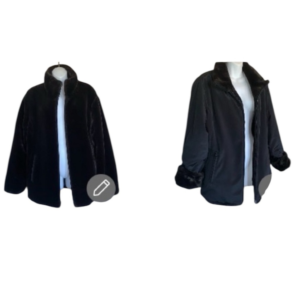 ANDREW MARC coat, brown faux fur reverses to black raincoat, pockets, zips. XL